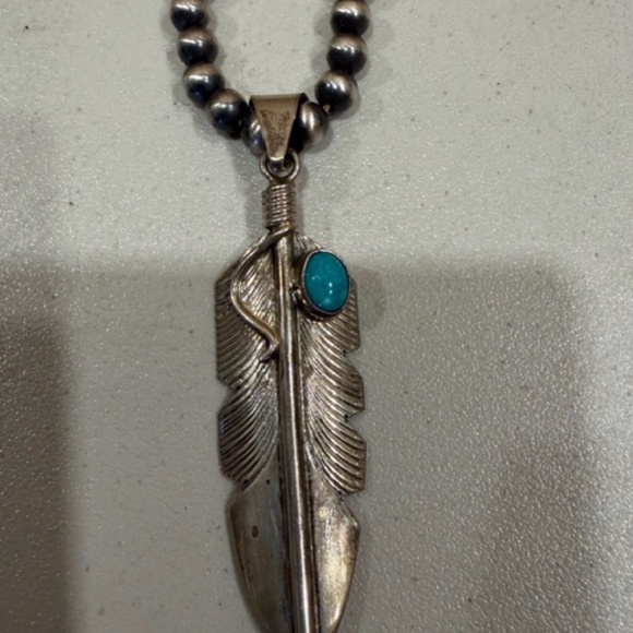 Sterling & turquoise feather pendant signed CC, pendant only - Picture 5 of 5